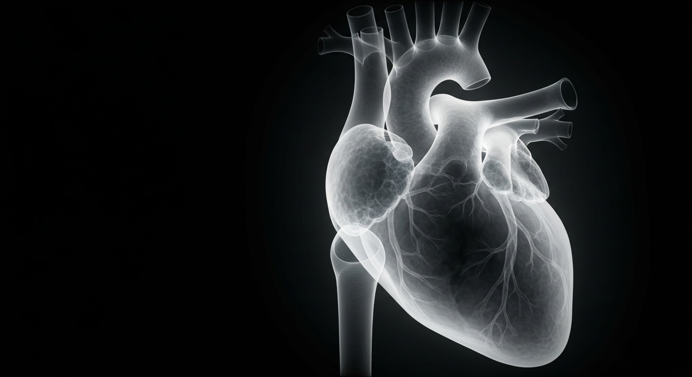 A ghostly, translucent X-ray photograph revealing the internal structure of a human heart, glowing against a dark background, conceptually representing the clinic's dedication to comprehensive preventive care.