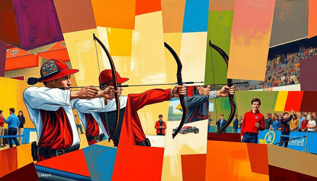 A cubist, geometric painting depicting the Cornell archery team's state competition performance, with overlapping planes of color and form representing the dynamic movements and energy of the event.