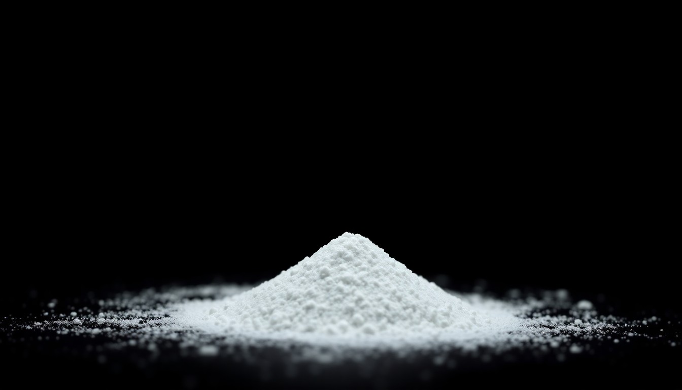 An extreme close-up photograph of a single fentanyl pill or powder against a pitch-black background, lit by a harsh, direct camera flash, creating a stark, gritty, investigative aesthetic.