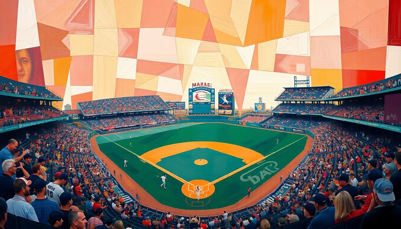 A cubist-style painting featuring sharp, overlapping geometric shapes and planes in shades of blue, green, and orange, conceptually representing the dynamic final moments of a baseball game where a robot umpire made the game-ending call.