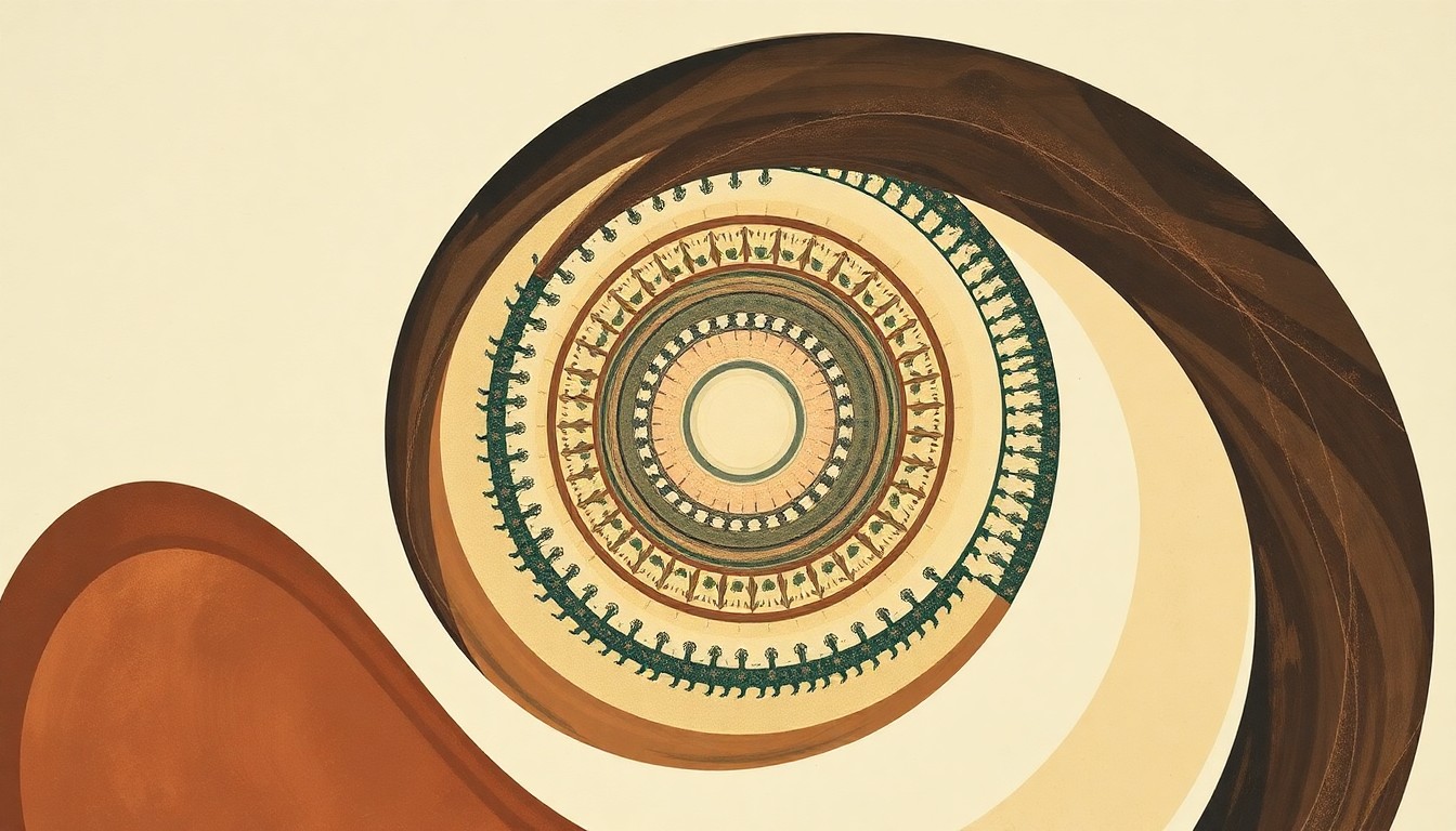 A highly textured, geometric abstract painting in muted earth tones, depicting sweeping arcs, concentric circles, and precise botanical spirals, conceptually representing the complex biological structures and natural forces behind a viral disease affecting mountain goats.