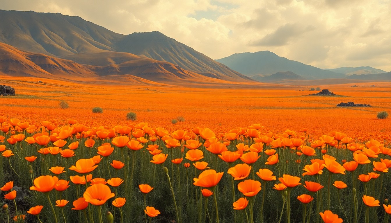 A sweeping, atmospheric landscape painting featuring a vast field of vibrant orange California poppies blooming across a scorched, mountainous terrain, conceptually representing the resilience of nature and the community's recovery after a devastating wildfire.