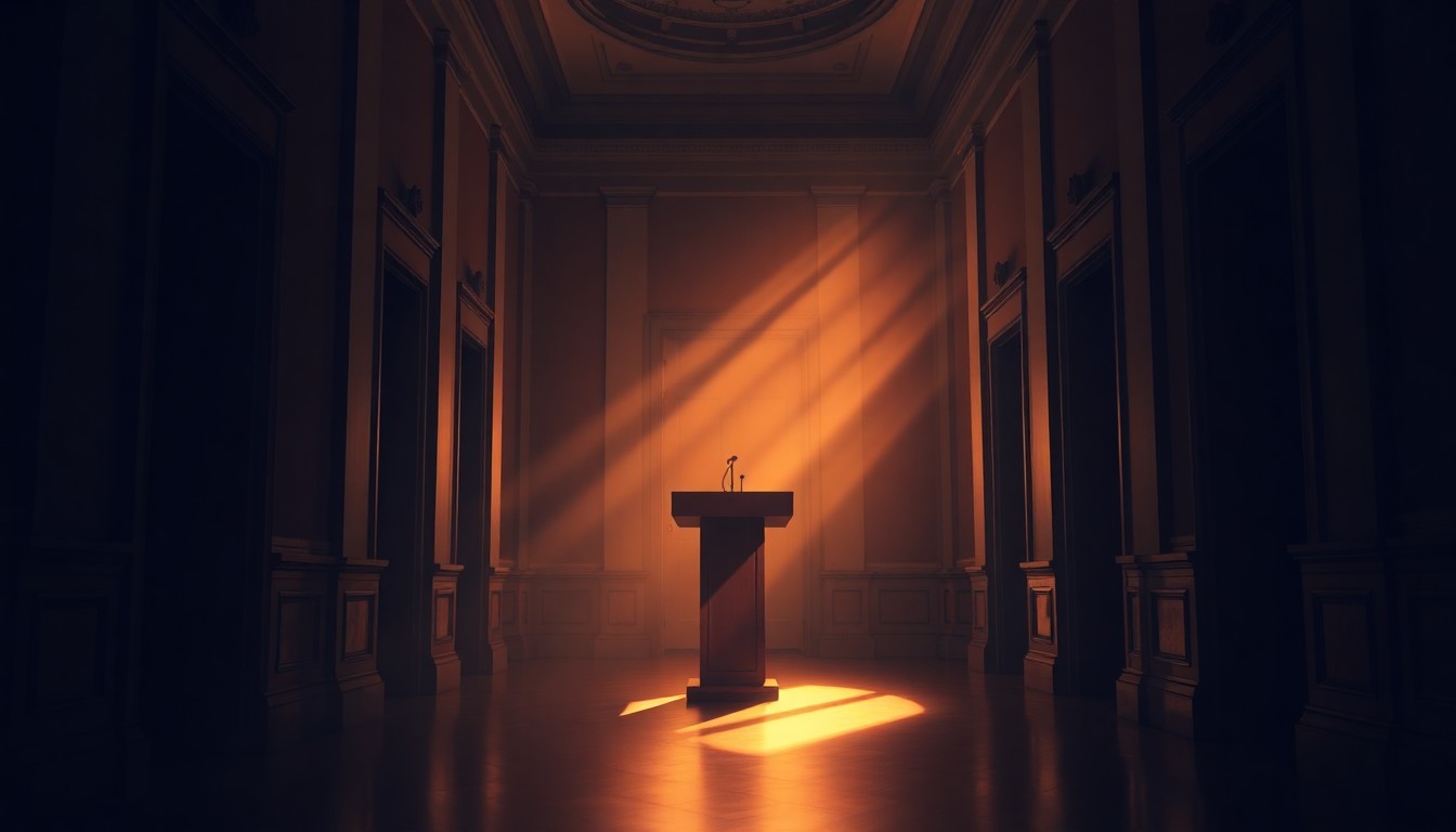 A dimly lit, cinematic painting of a solitary city council podium standing alone in a government building hallway, the podium bathed in warm diagonal sunlight and deep shadows, conveying a sense of quiet contemplation around a politically sensitive issue.