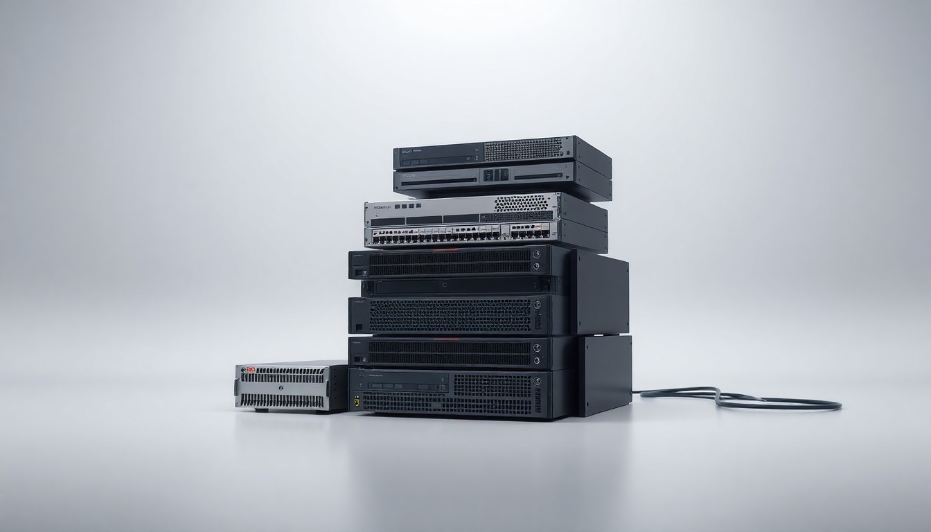 A high-end, photorealistic studio still-life featuring a stack of sleek, metallic computer servers and networking equipment, conceptually representing the expansion of enterprise IT infrastructure and managed services.