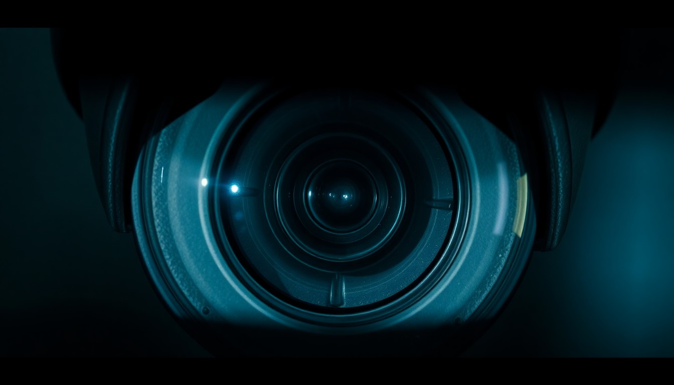 An extreme close-up of a security camera lens partially obscured by shadows, conveying a sense of surveillance and the intrusion of privacy.