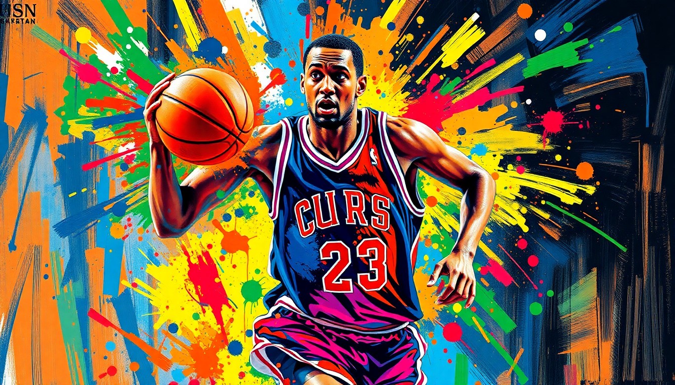 An abstract, expressionist painting in vibrant neon colors depicting the blurred, energetic movements of a basketball player, with their face and jersey details dissolving into unrecognizable paint splatters.