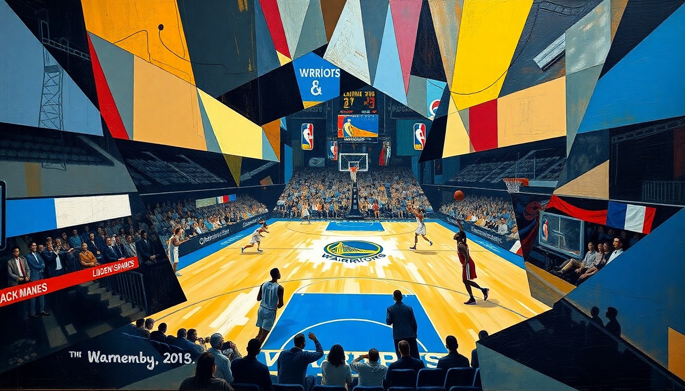 A cubist-style painting depicting a basketball game with fragmented, overlapping geometric shapes in shades of blue, orange, and green, conveying the dynamic energy and competition of the match.