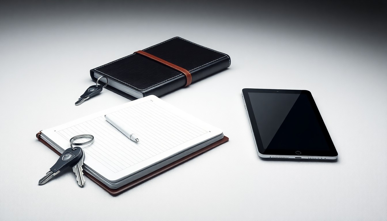 A high-end, photorealistic studio still-life featuring a set of premium, polished metal keys, a leather-bound logbook, and a sleek tablet device arranged elegantly on a clean, monochromatic background, symbolizing the operational challenges and technological shifts facing the luxury transportation industry.