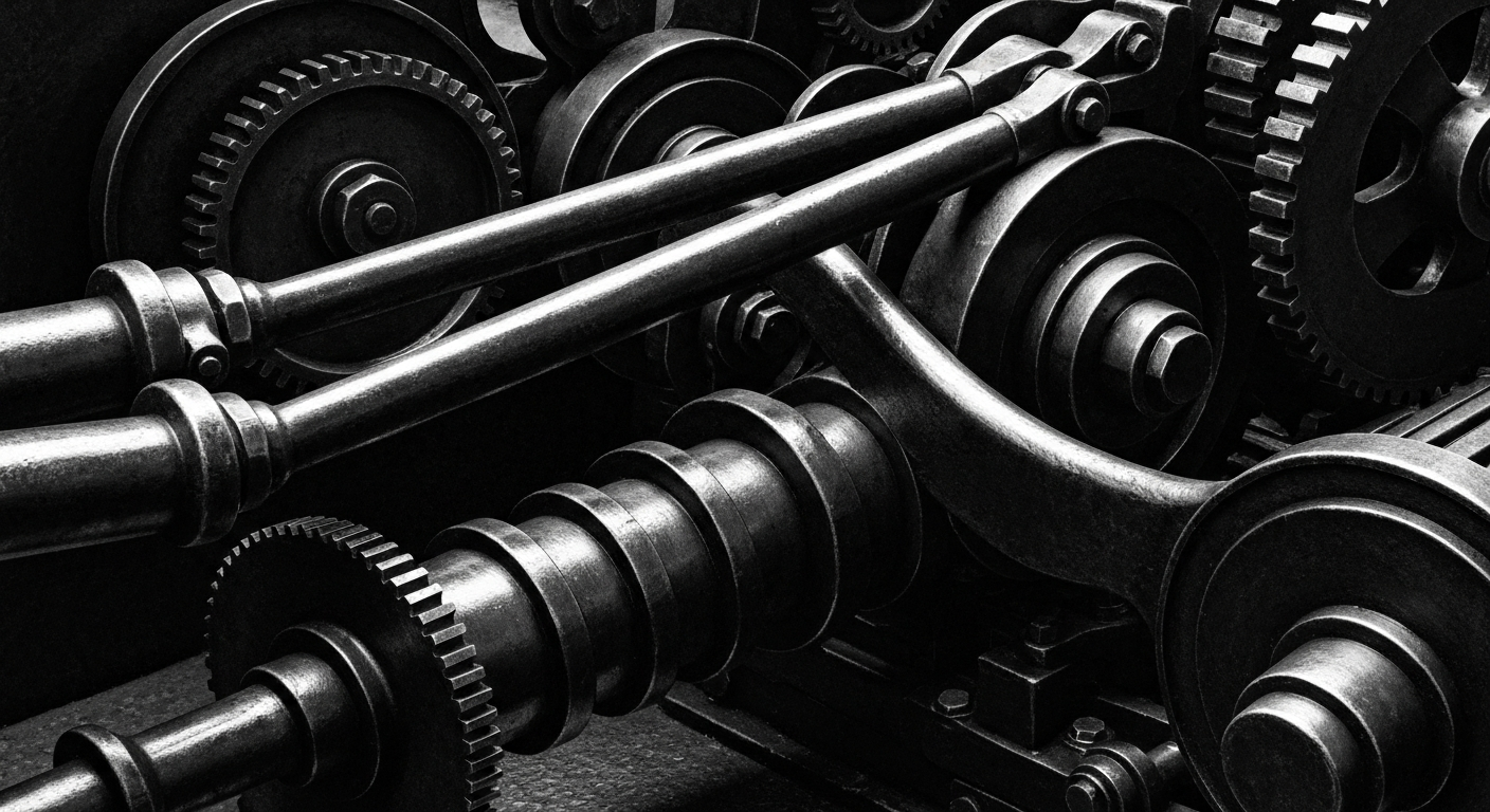A high-contrast black and white close-up image of the intricate mechanical components that power a financial institution, conveying a sense of the complex machinery underlying the industry.