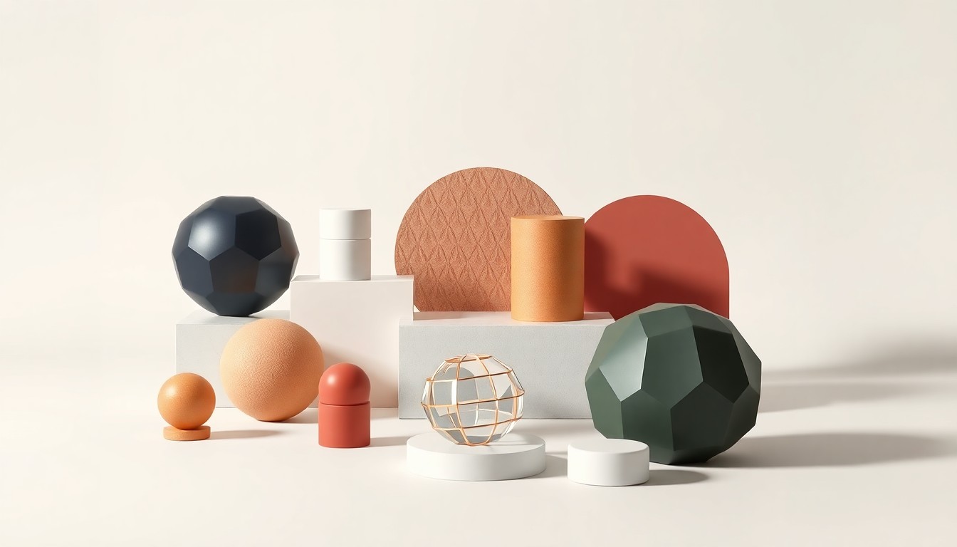A high-end, photorealistic studio still-life photograph featuring a collection of premium, geometric objects arranged elegantly on a clean, monochromatic background, conceptually representing the abstract ideas of real estate investment, community revitalization, and the future of retail.