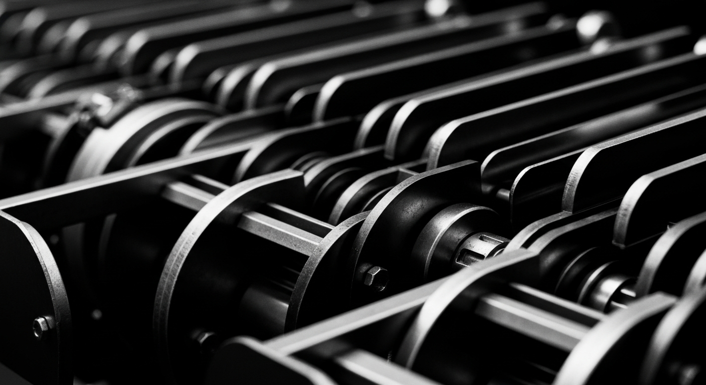 A high-contrast black and white close-up image of the gears, circuits, and mechanical components of a financial data processing system, conveying the industrial scale and technical complexity of modern payroll and HR services.