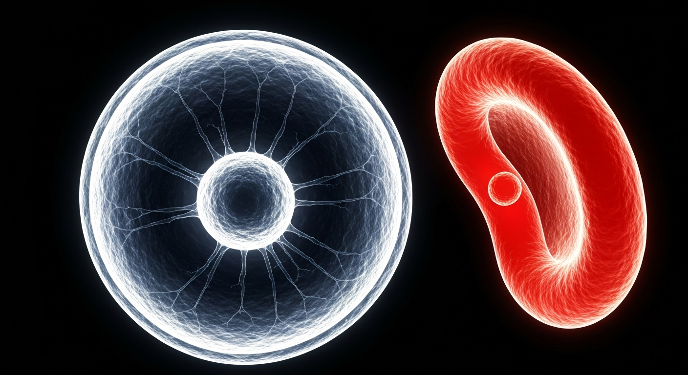 An extreme close-up X-ray photograph showing the ghostly, translucent structures of a normal round red blood cell and a sickle-shaped red blood cell, illustrating the genetic defect that causes sickle cell disease.