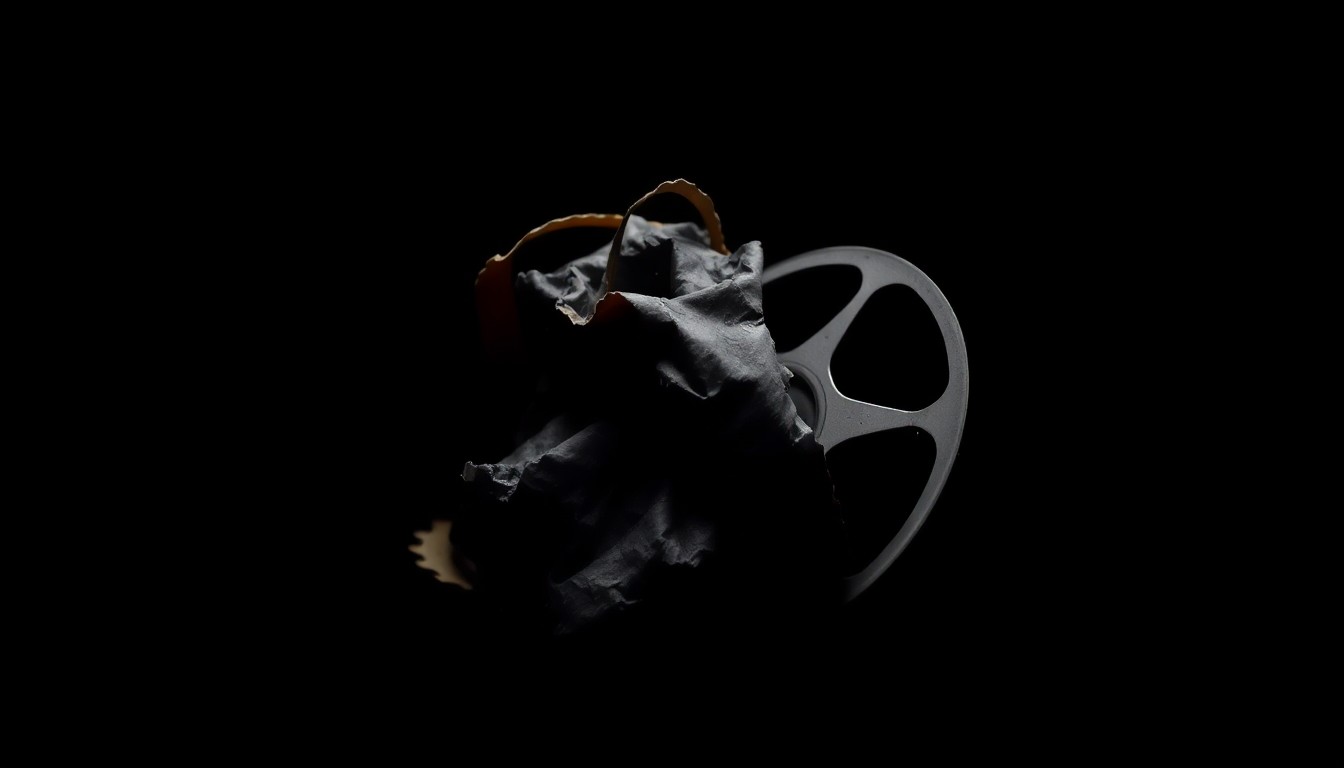 An extreme close-up of a crumpled, discarded film reel against a pitch-black background, lit by a harsh, direct camera flash, conceptually representing the serious legal troubles facing the filmmaker at the center of this case.