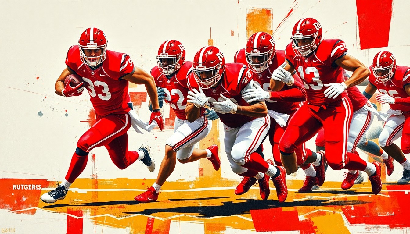 A fragmented, cubist-style painting depicting a Rutgers football running play, with the players and field broken down into sharp, overlapping geometric shapes in shades of scarlet red and white, conveying the physicality and energy of the sport.