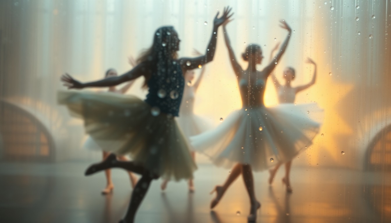 An abstract, impressionistic image of blurred, colorful shapes and forms evoking the graceful movement and ethereal spirit of ballet dancers.