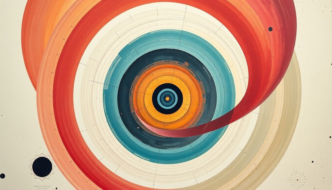 A highly textured, abstract painting in soft blues, greens, and oranges, featuring sweeping geometric shapes and precise botanical spirals that evoke the complex scientific concepts of space travel and the wonders of the cosmos.