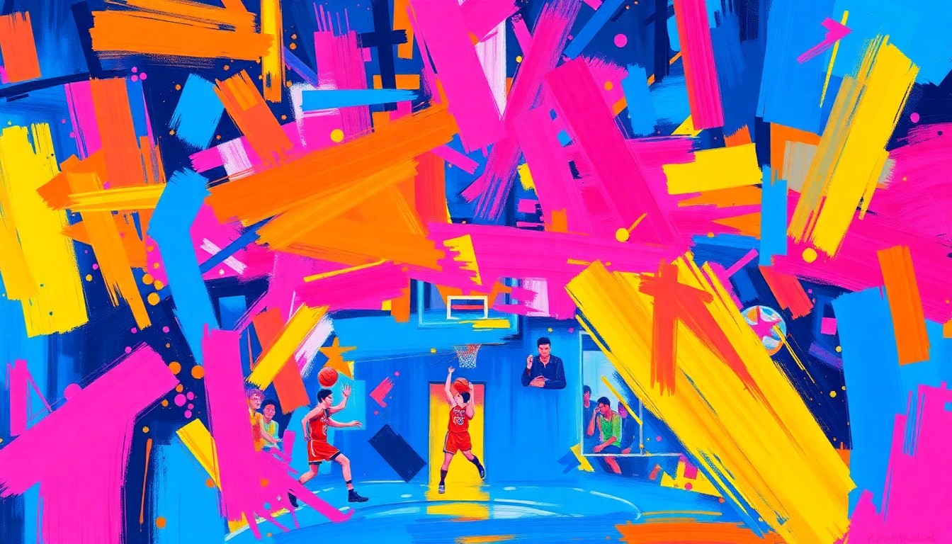 An abstract, energetic painting featuring dynamic brushstrokes and overlapping geometric shapes in shades of electric blue, hot pink, and neon orange, conceptually representing the raw intensity of a high school basketball game.