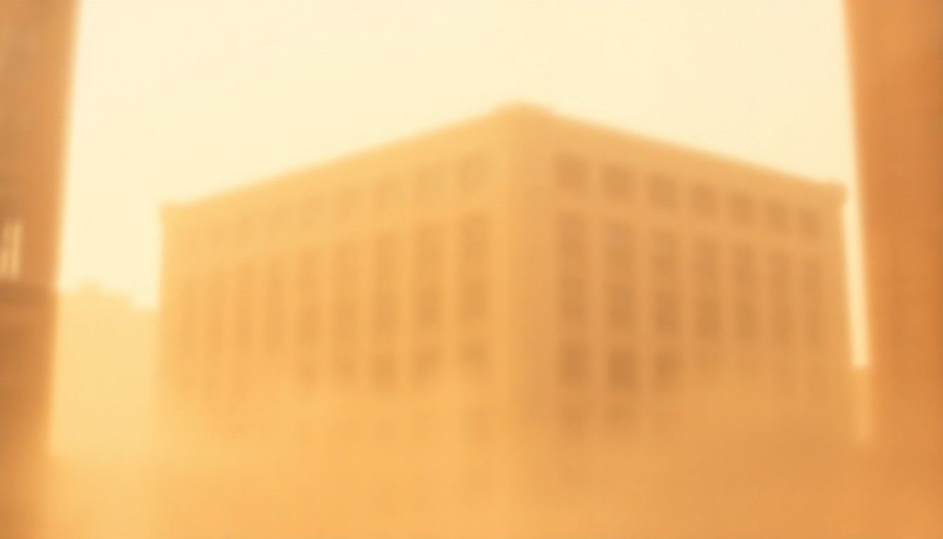 An abstract, impressionistic view of a tall, multi-story building partially obscured by a soft, blurred overlay of warm, golden light, conveying a sense of uncertainty and fragility surrounding the historic structure.