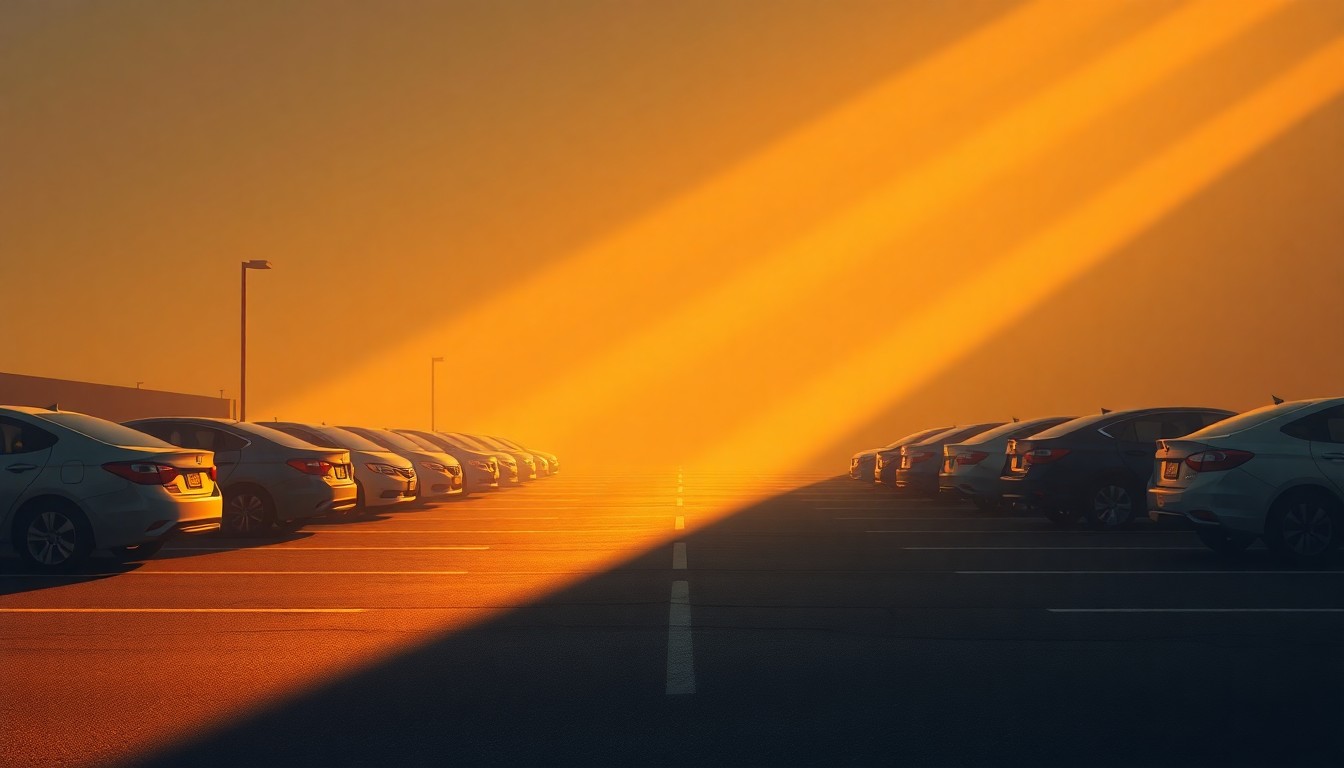 A serene, photorealistic painting of an empty rental car lot with long shadows and warm, golden light, conveying a sense of contemplation about the complex relationship between business and government.