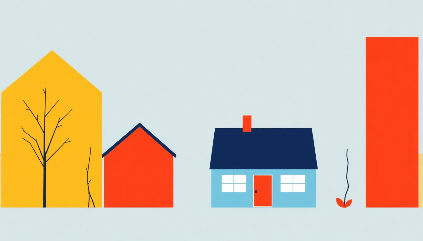 A vibrant abstract illustration using bold geometric shapes and primary colors to conceptually represent the economic challenges of rising costs and stagnant wages facing Tompkins County.