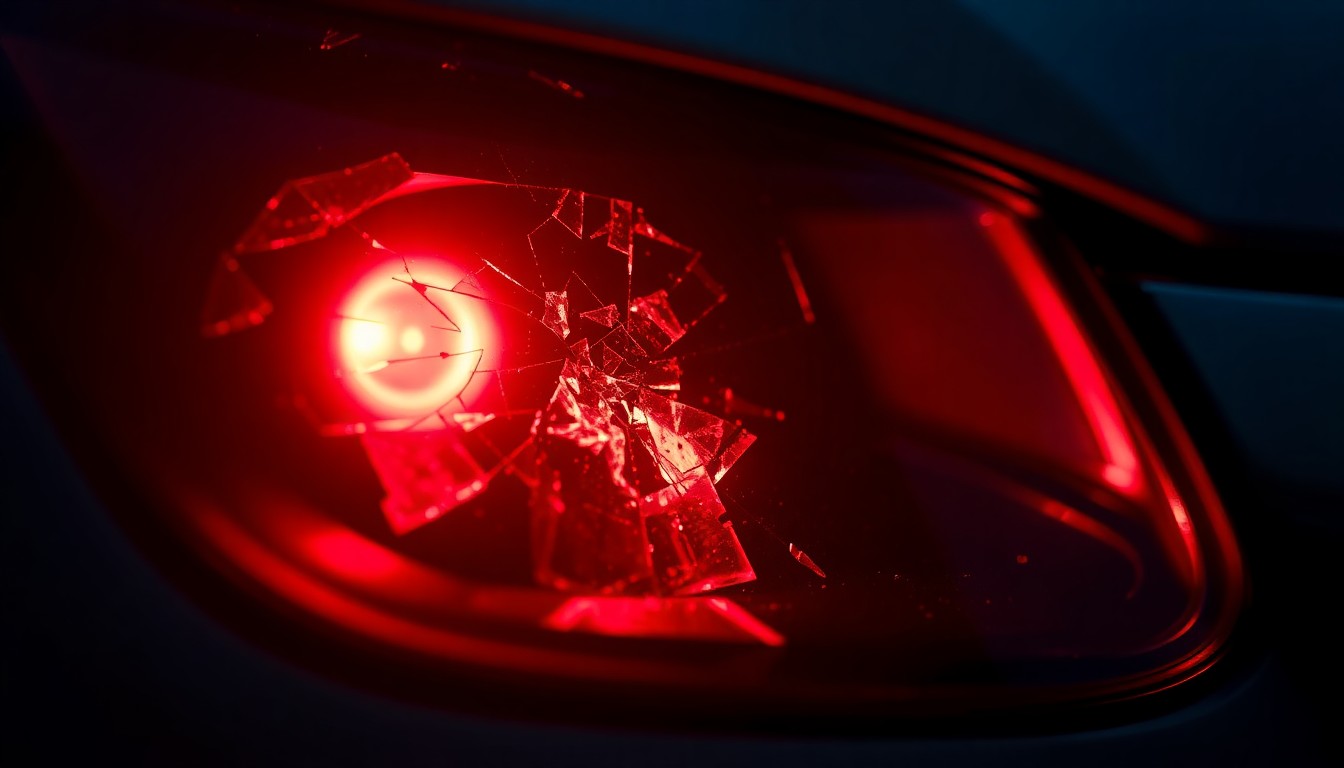 An extreme close-up of a shattered car sensor lens reflecting a faint red light, conceptually illustrating the vandalism of self-driving cars.