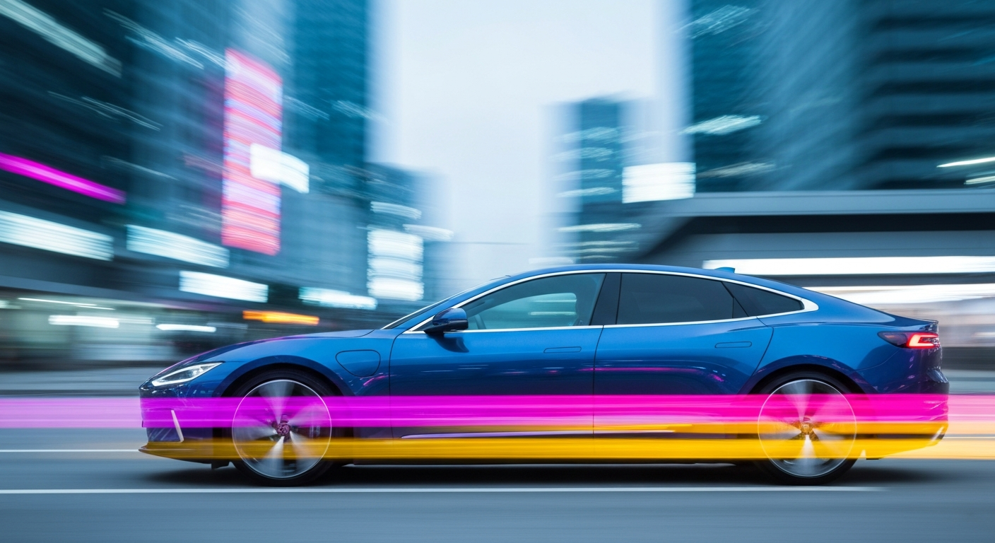 An abstract, blurred image of an electric SUV in motion, with vibrant streaks of color conveying a sense of speed and modern engineering.