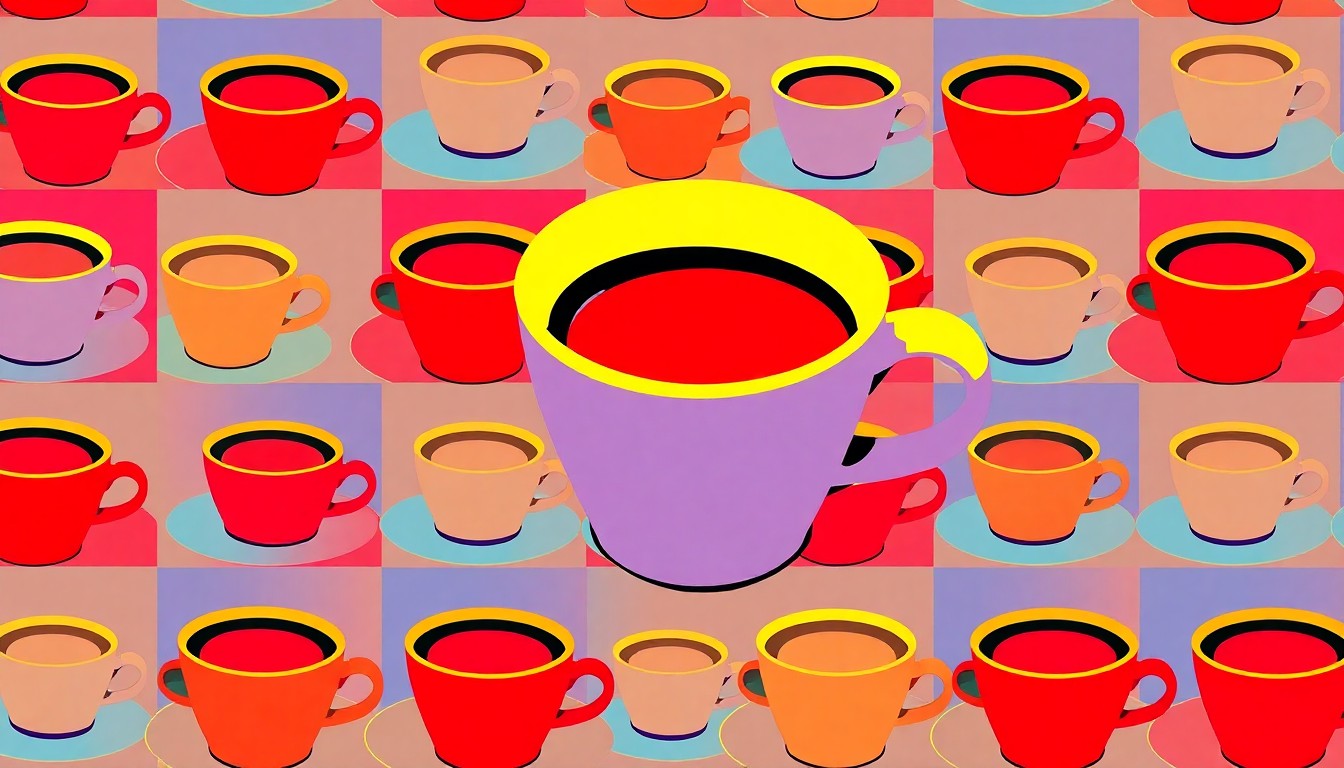 A vibrant, high-contrast silkscreen print featuring a repeated pattern of a single iconic restaurant object like a coffee cup or plate of food, rendered in a bold, neon color palette to capture the energy and dynamism of the local dining scene.