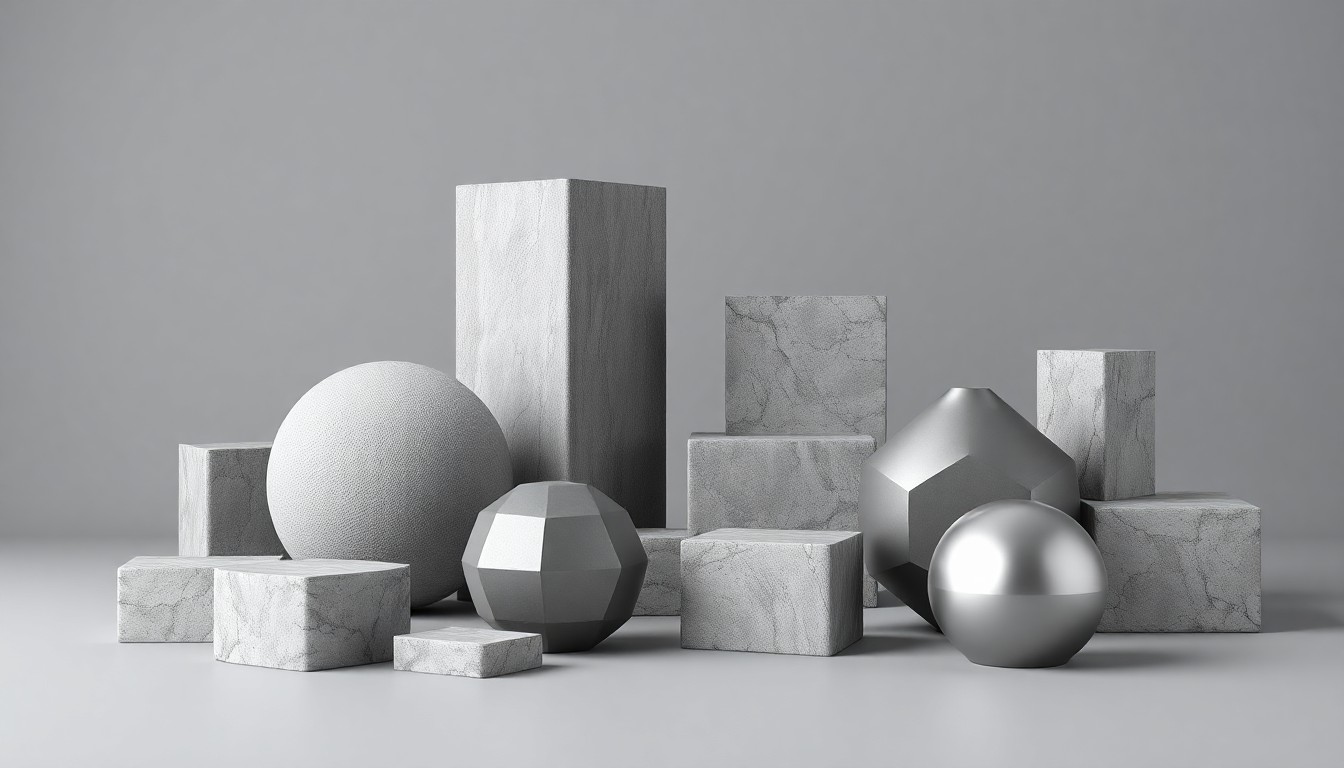 A minimalist studio still life featuring a collection of sleek, geometric objects in shades of grey and silver, representing the abstract concepts of infrastructure, development, and sustainable growth.