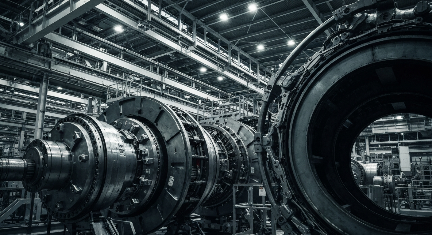 An extreme close-up of the complex gears, valves, and mechanical components that make up the inner workings of an aerospace manufacturing facility, captured in a high-contrast, industrial style that evokes the documentary photography of Margaret Bourke-White.
