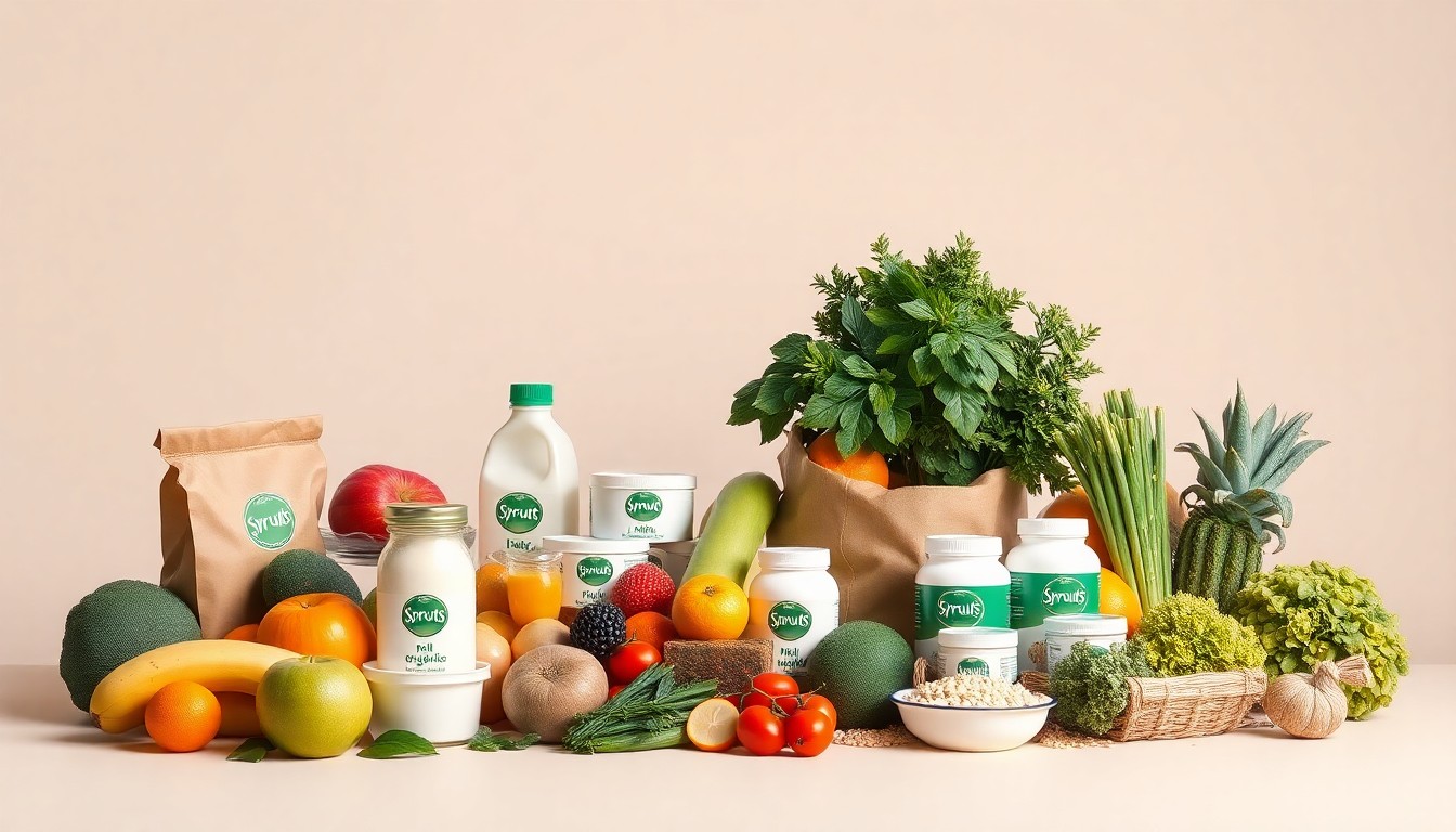A photorealistic studio still life featuring a collection of polished, premium natural and organic grocery items arranged on a clean, monochromatic background, conceptually representing the high-quality products and values of Sprouts Farmers Market.