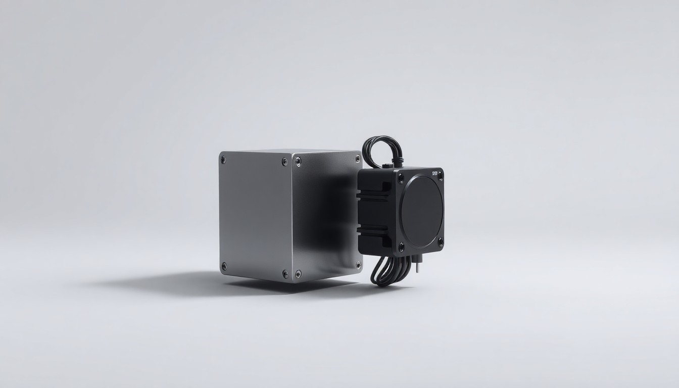 A minimalist, photorealistic studio still life featuring a polished metal cube and a sleek black electrical component, symbolizing the merger of advanced engineering and global industrial power.