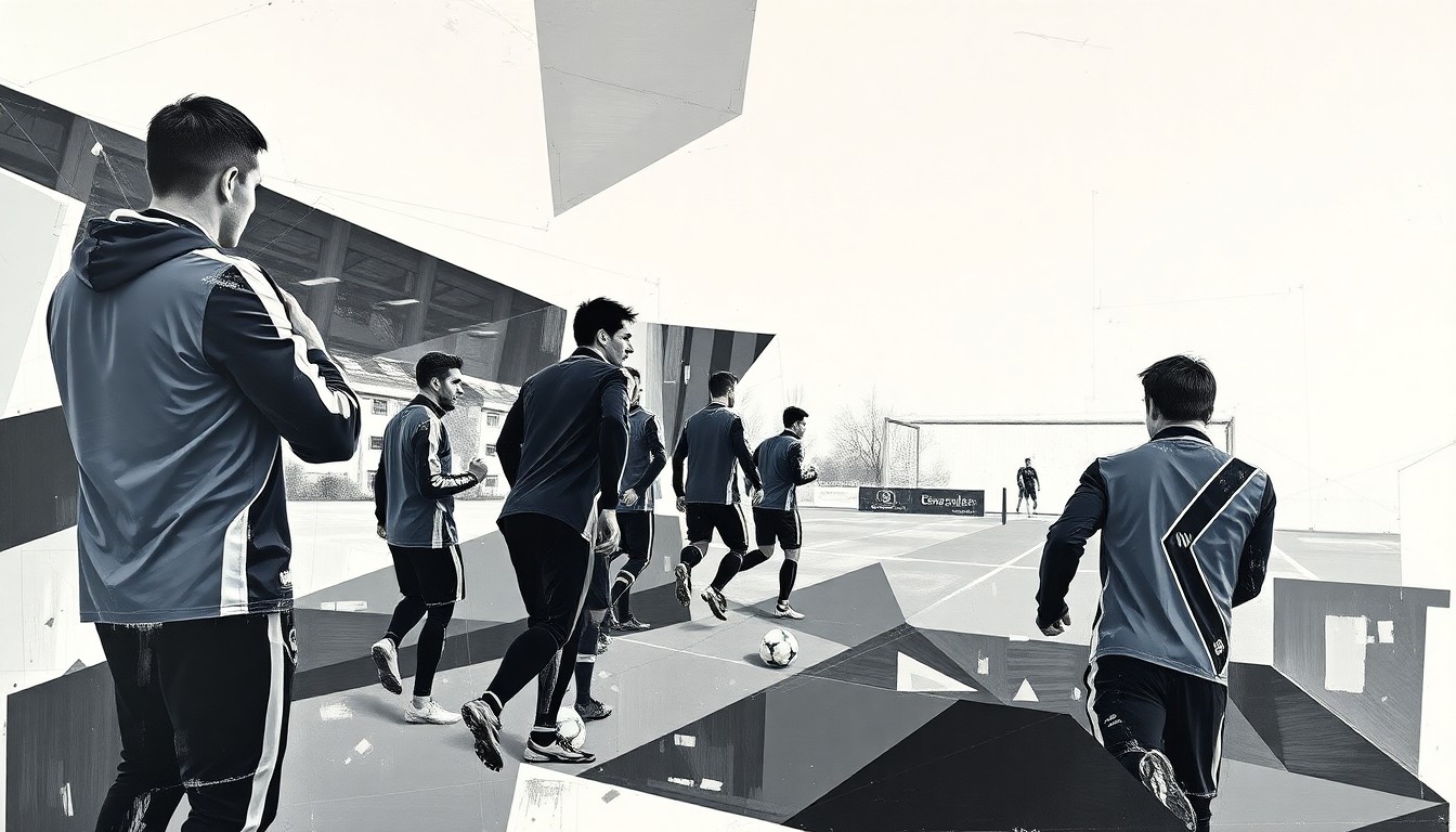 A fragmented, geometric painting in black, white, and shades of grey, depicting a Newcastle United training session broken down into sharp, overlapping planes and shapes, conveying the transformative nature of the club's new training ground deal.