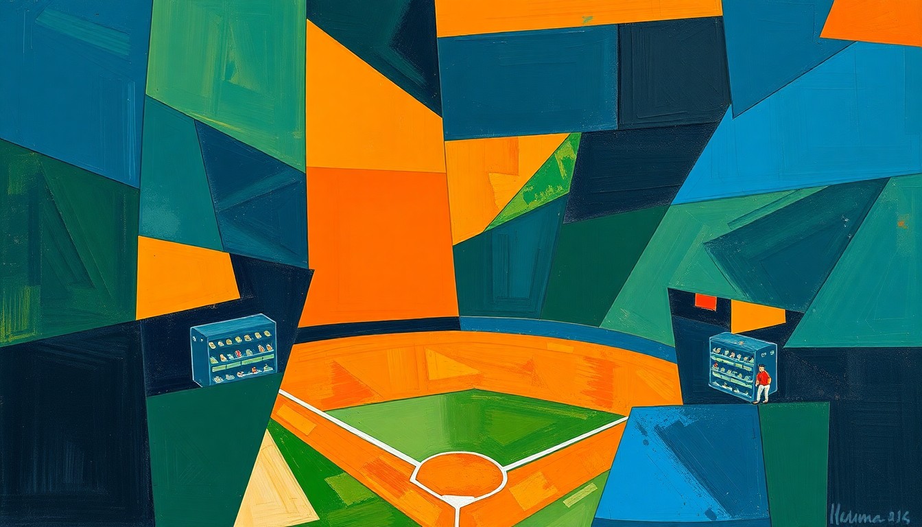 A fractured, multi-perspective painting depicting a high school baseball game, with the players and field broken down into sharp, overlapping geometric shapes in a palette of navy, green, and orange, conveying the dynamic energy and competition of the sport.