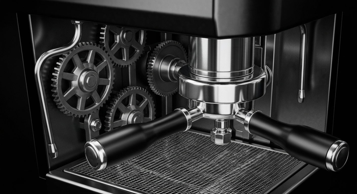 A cinematic close-up of the inner mechanisms of a high-end espresso machine, with its gears, valves, and components rendered in stark, industrial detail, conceptually representing the powerful infrastructure behind Starbucks' global coffee business.