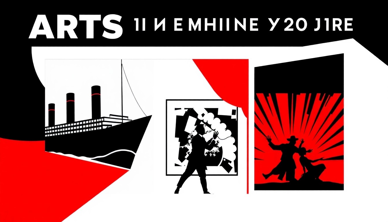 A bold, abstract illustration featuring stark geometric shapes and silhouettes in high-contrast red and white, conceptually representing the diverse arts experiences coming to Palm Beach.