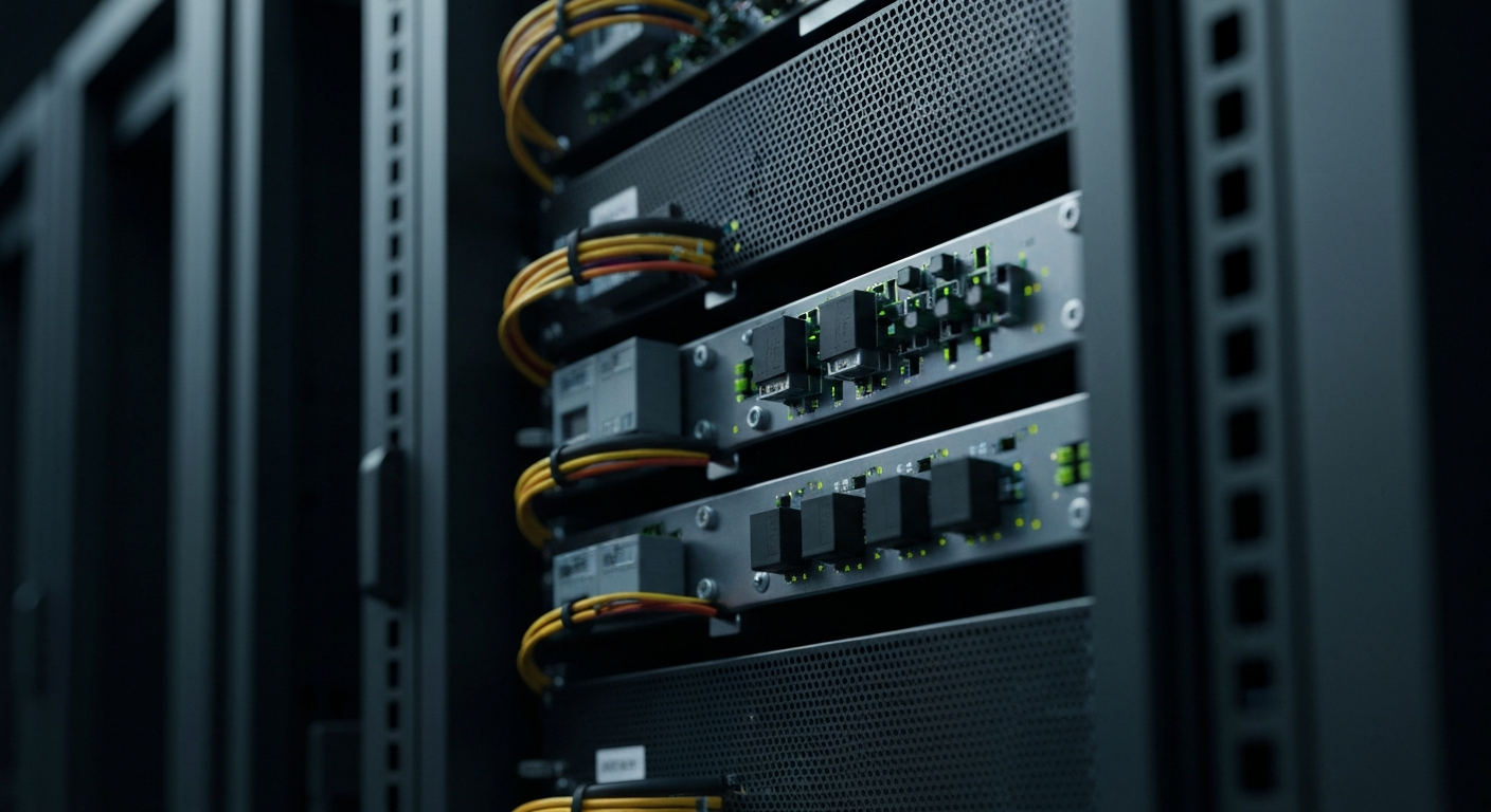 An extreme close-up of the intricate, metallic components and wiring of a cloud computing server rack, conveying the robust technology infrastructure supporting Salesforce's cloud-based software platforms.