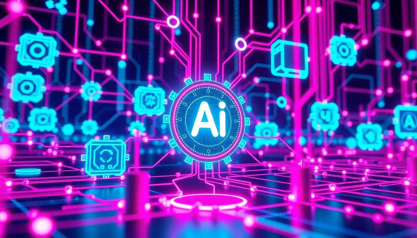 A highly detailed 3D illustration of glowing, interconnected digital infrastructure elements in neon cyan and magenta, conceptually representing the AI-powered features and intelligent automation capabilities being added to the Slack platform.