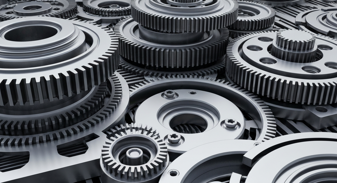 An extreme close-up of intricately engineered metal gears and components, conveying the complex technology at the heart of Marvell's semiconductor products.