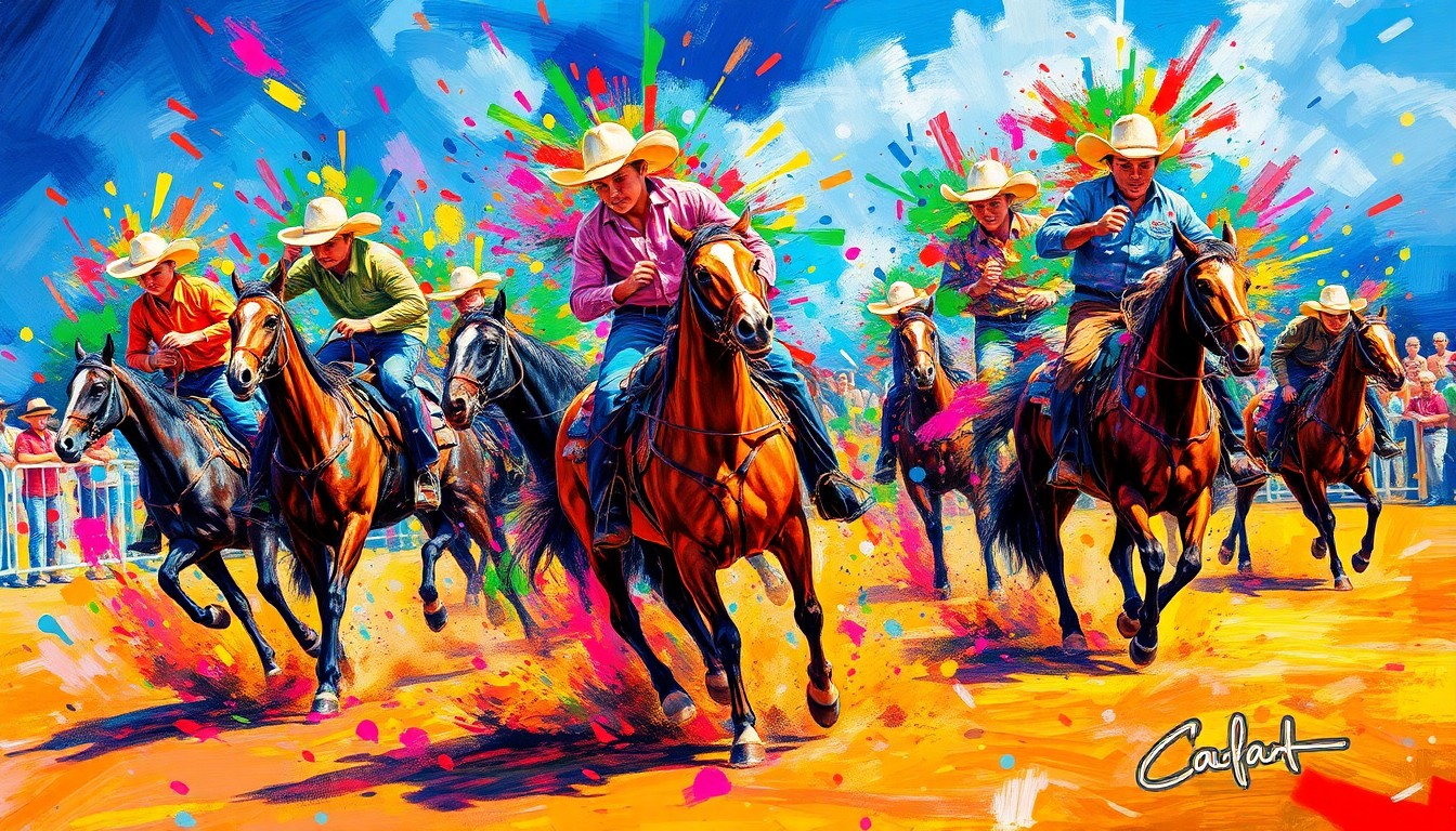 An abstract, expressionist painting in vibrant neon colors depicting the dynamic motion and energy of young paniolo competitors at a rodeo event, with faces and details dissolving into unrecognizable brushstrokes.