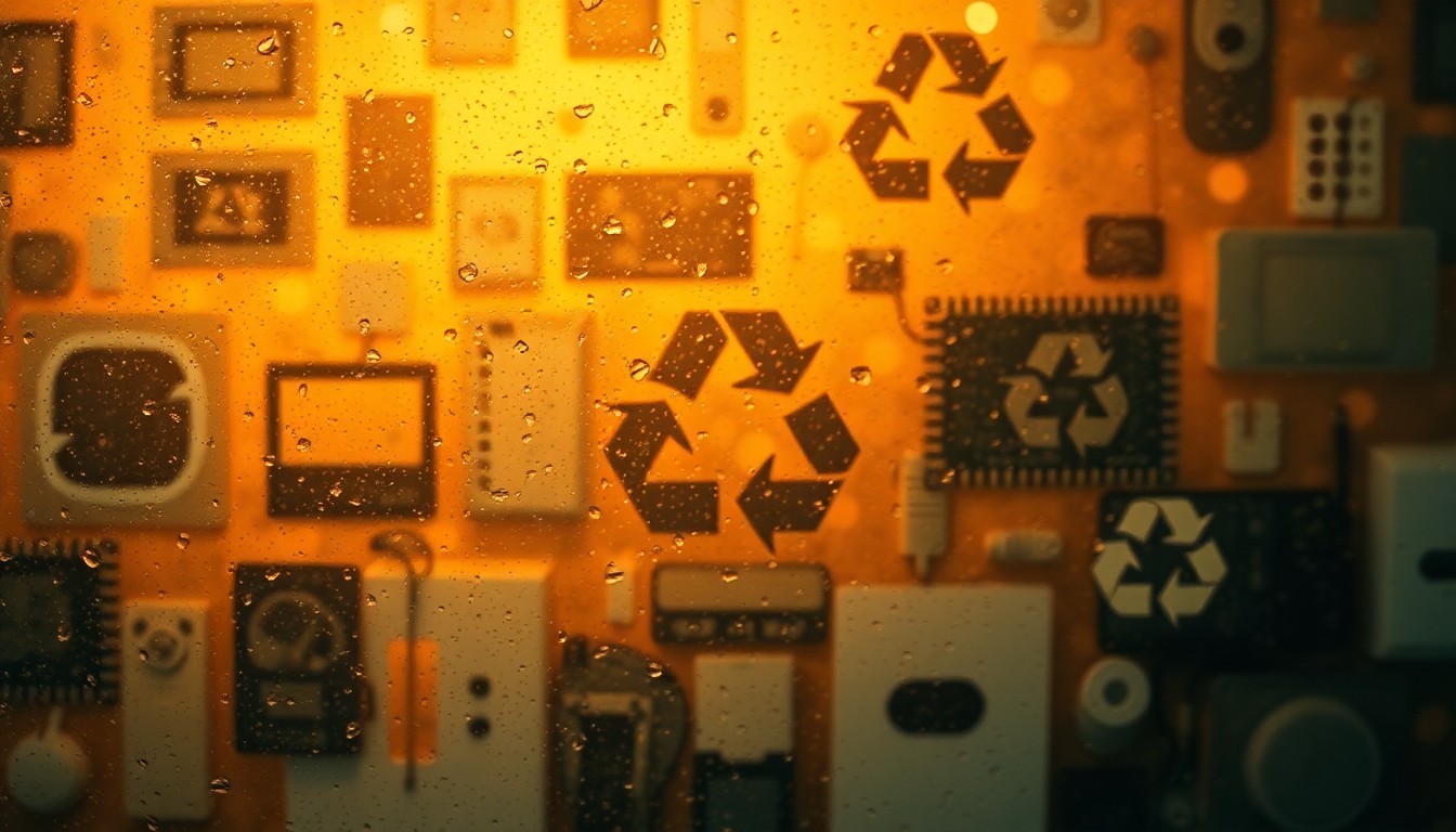 An abstract, blurred image composed of various electronic devices and recycling symbols in warm, earthy tones, conveying the concept of responsible electronics disposal.