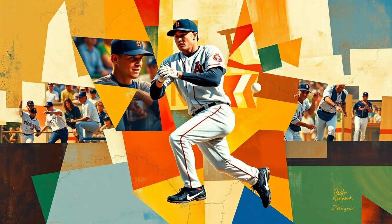 A fractured, geometric painting depicting a baseball player in motion, their form broken down into sharp, overlapping planes of color and shape, conveying the dynamism and athleticism of the sport.