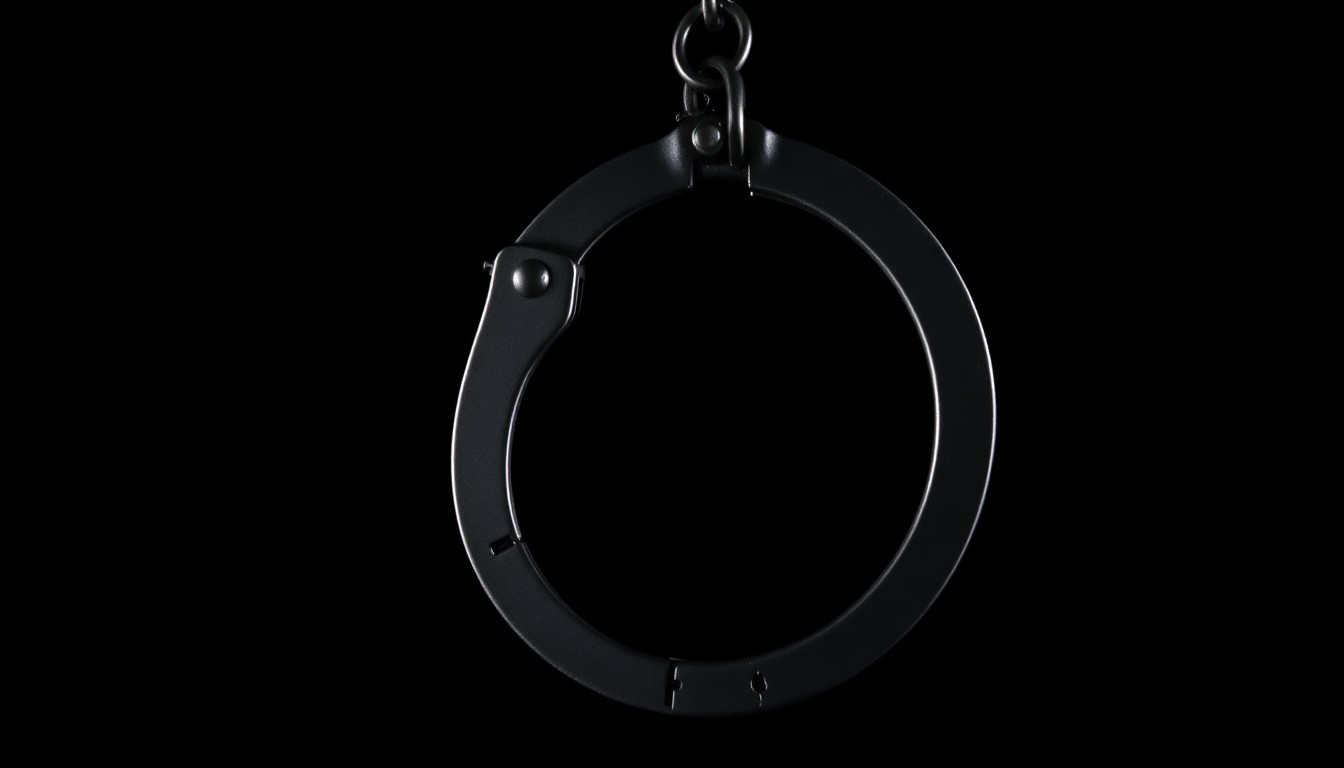 An extreme close-up of a metal handcuff against a stark black background, the harsh flash creating dramatic shadows and textures that convey a sense of the gritty, investigative nature of this story about custodial deaths in Texas prisons.