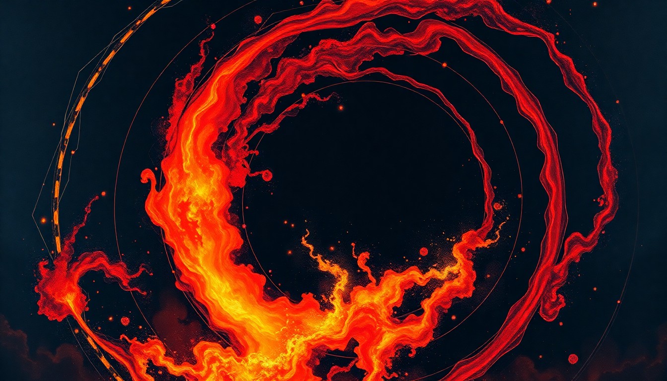 A bold, abstract painting in the style of Hilma af Klint, featuring sweeping geometric arcs, concentric circles, and precise spirals in fiery reds, oranges, and yellows against a dark background, representing the complex and destructive nature of lithium battery fires.