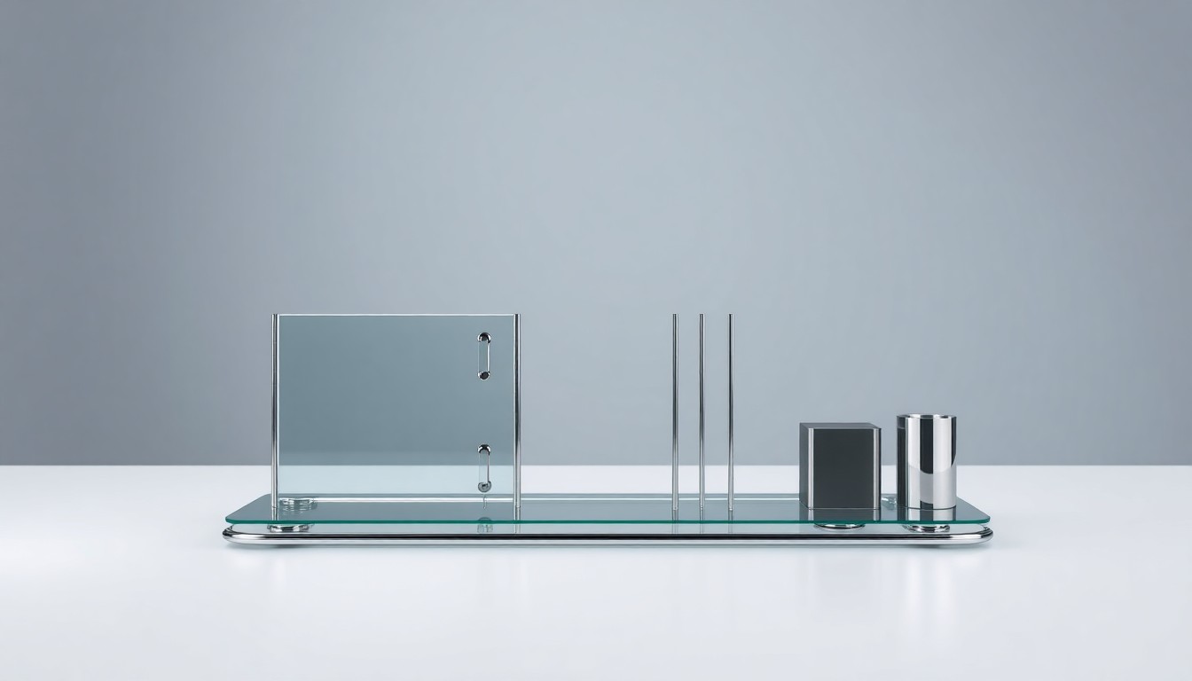 A highly detailed, photorealistic studio still life photograph featuring a modern, minimalist desk organizer made of polished metal and glass, conveying the idea of streamlined operations and executive leadership.