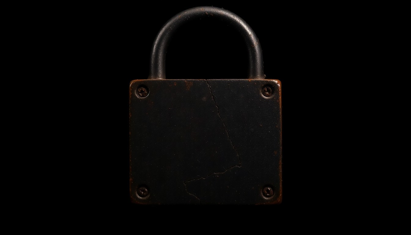 An extreme close-up photograph of a worn, rusted padlock against a pitch-black background, lit by a harsh camera flash, conceptually representing the mystery and grit of a long-unsolved missing persons case.