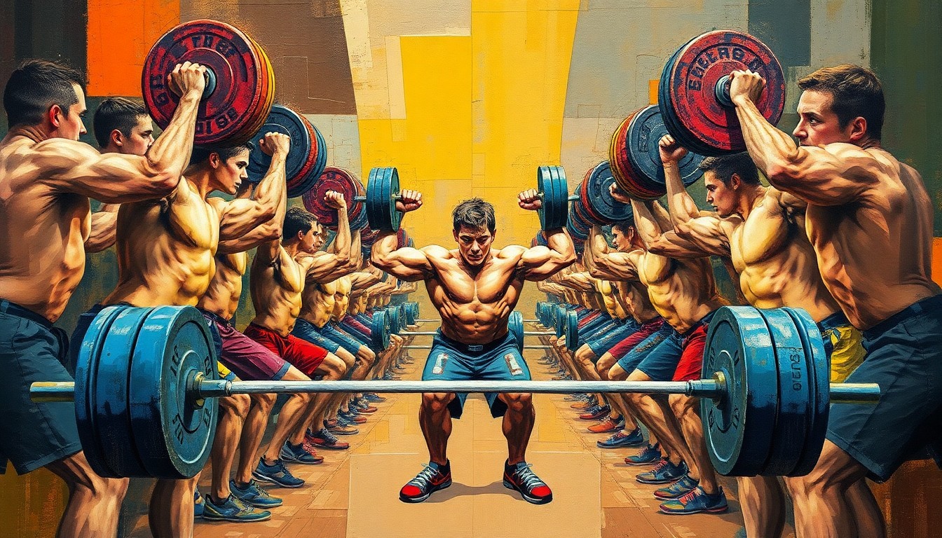 A cubist, geometric painting depicting the intense physicality of a high school powerlifting competition, with overlapping planes of muscular athletes straining against heavy weights.