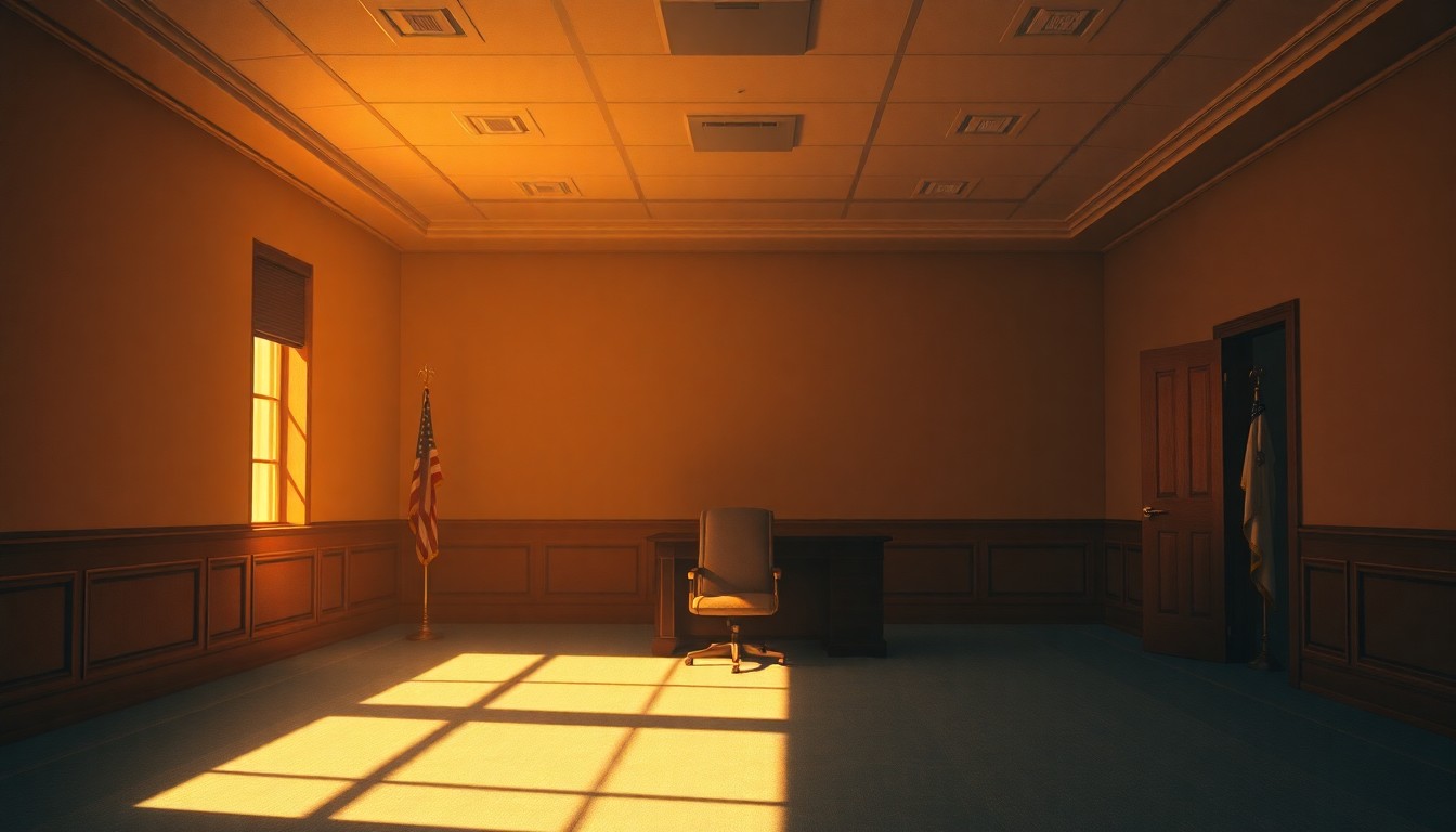 A dimly lit, cinematic painting of an empty government office or conference room, with a single chair or desk illuminated by warm, diagonal sunlight streaming through a window, conveying a sense of solitude and contemplation.