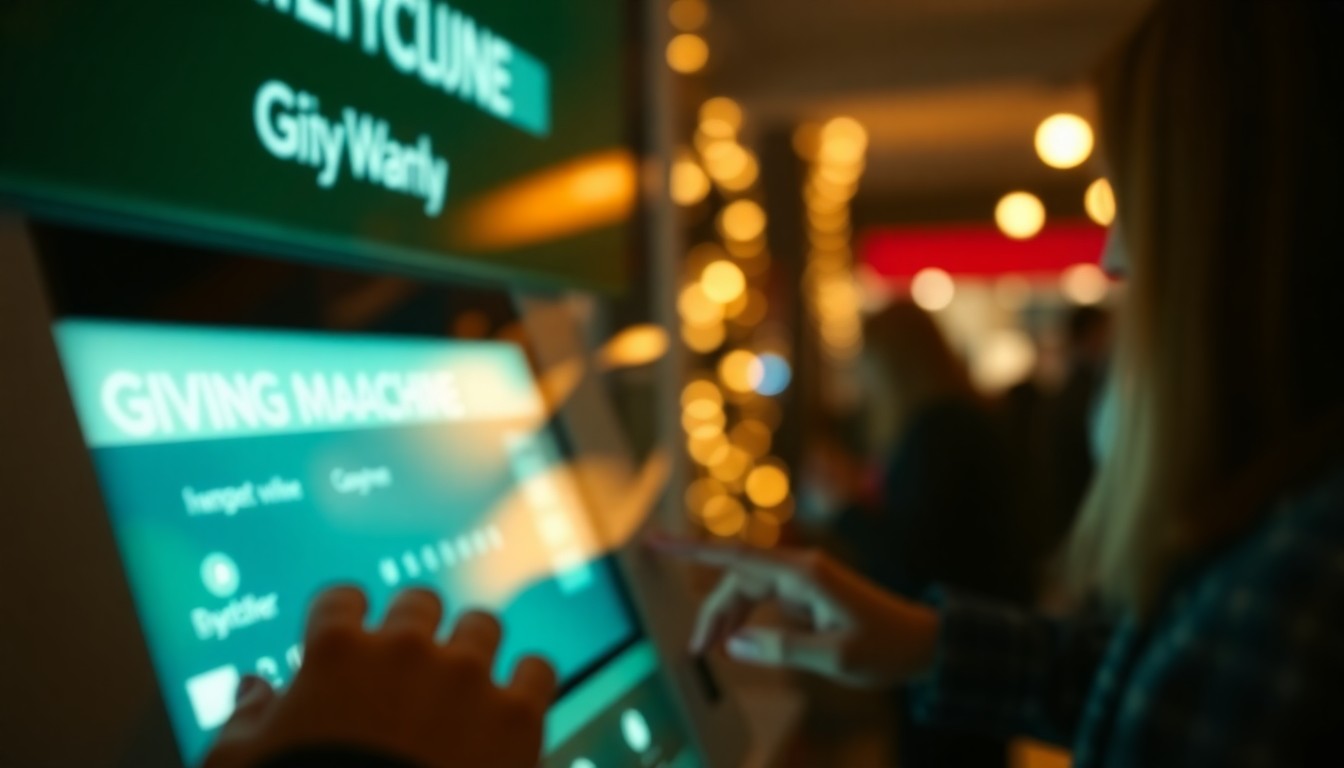 An abstract, impressionistic photograph of blurred hands interacting with a donation kiosk, the screen and buttons obscured in a hazy wash of warm holiday lights and colors, conveying the spirit of community generosity.