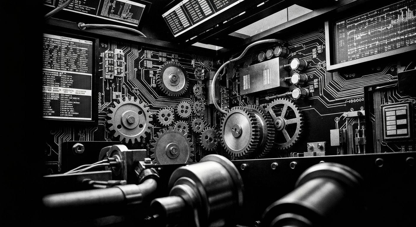A high-contrast, close-up image of complex financial machinery and mechanisms, such as gears, circuits, and data displays, conveying the inner workings and infrastructure of the financial system without using any text or identifiable branding.