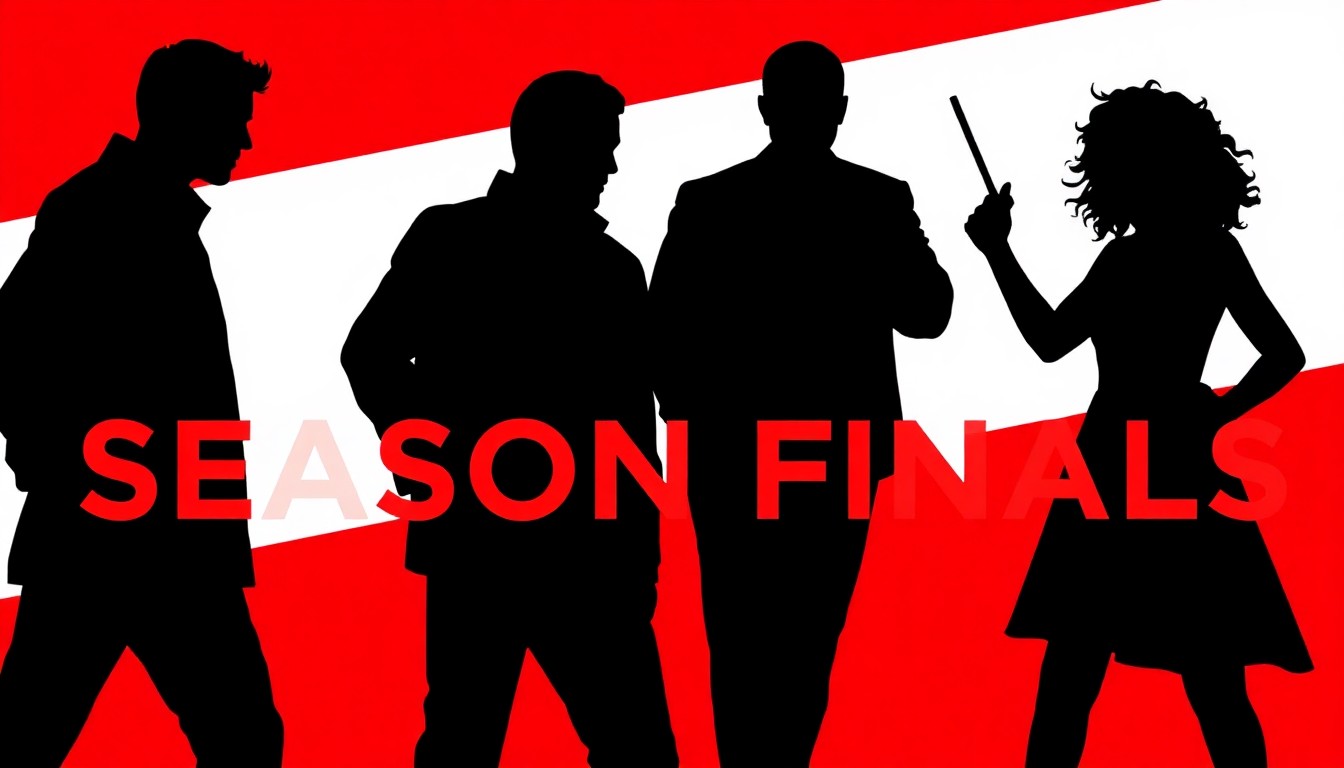 A striking abstract illustration using bold black shapes and vibrant red and white colors to conceptually represent the excitement and anticipation of TV season finales, without depicting any specific people, places or logos.